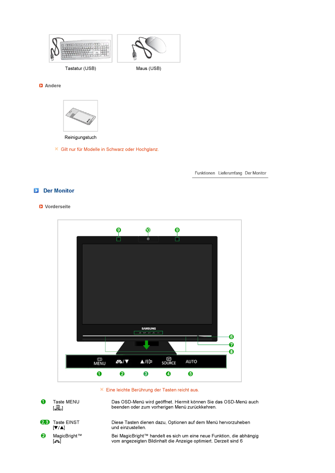 Samsung LF22TNTSFG/EDC manual Der Monitor, Andere, Gilt nur für Modelle in Schwarz oder Hochglanz, Vorderseite 