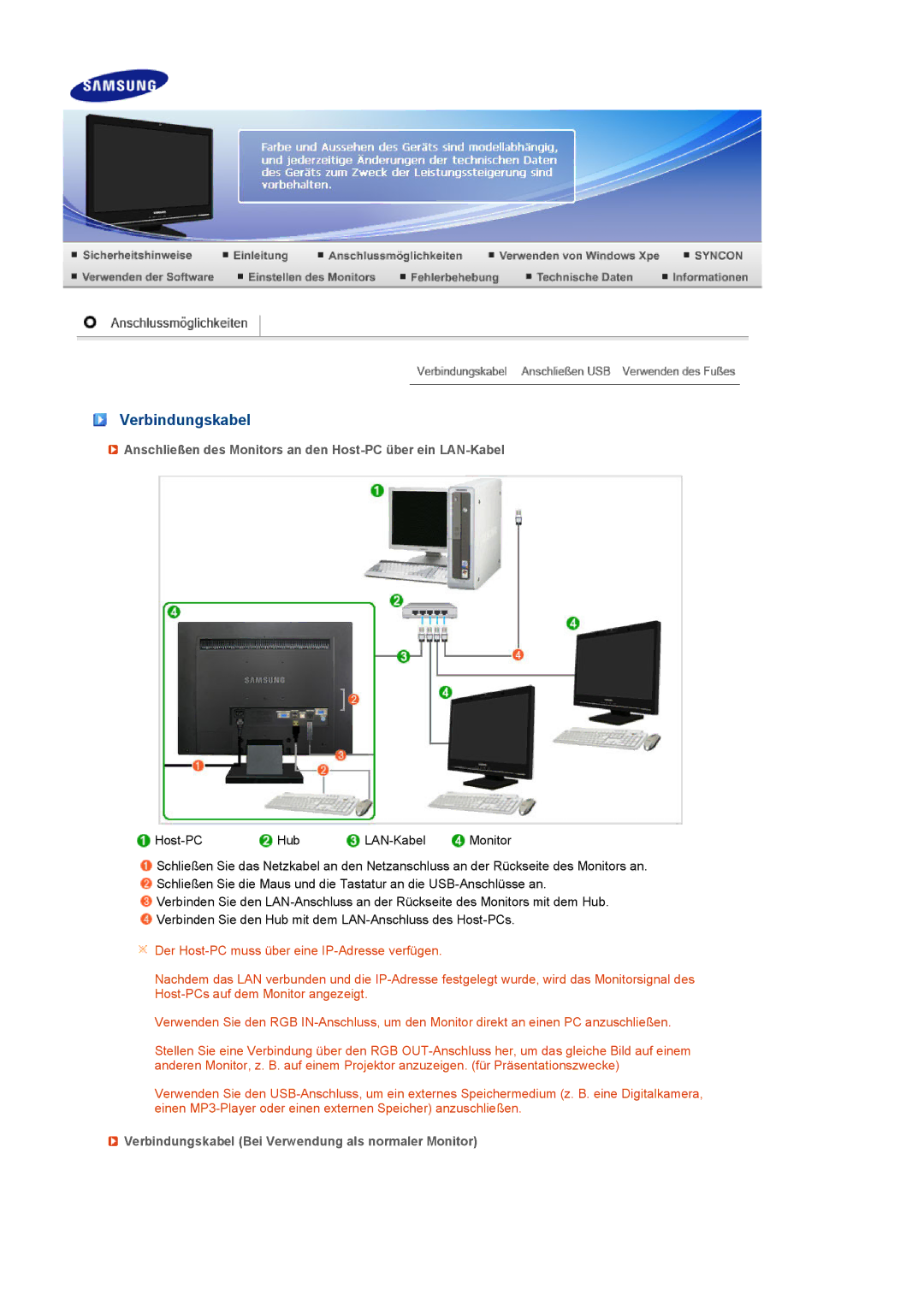 Samsung LF22TNTSFG/EDC manual Verbindungskabel, Anschließen des Monitors an den Host-PC über ein LAN-Kabel 