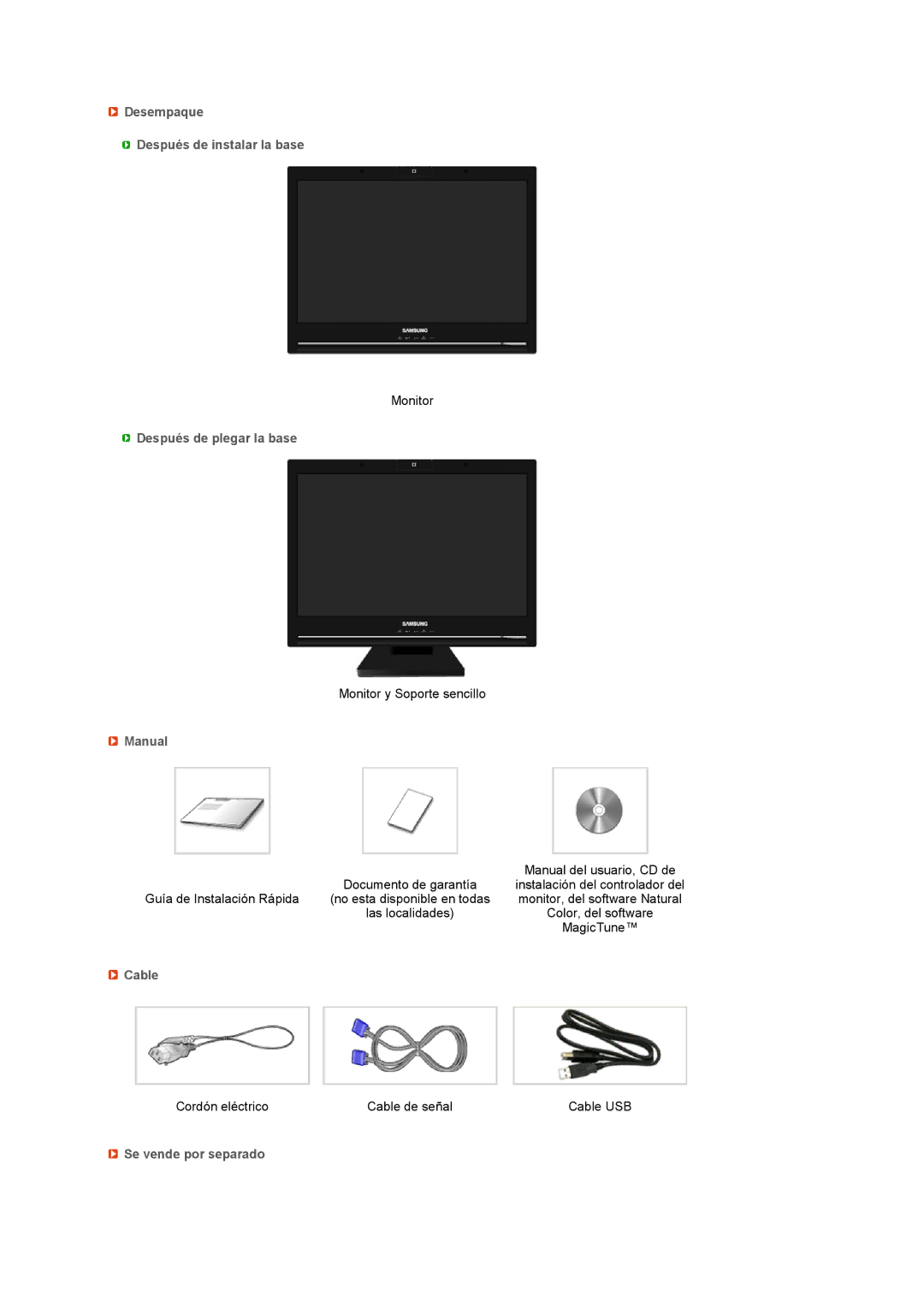 Samsung LF22TNTSFG/EDC manual Desempaque Después de instalar la base, Después de plegar la base, Manual, Cable 