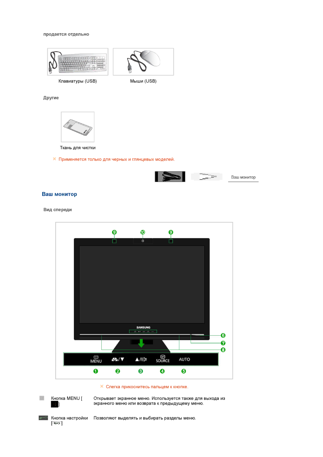 Samsung LF22TNTSFG/EDC manual Ваш монитор, Продается отдельно, Другие, Вид спереди 