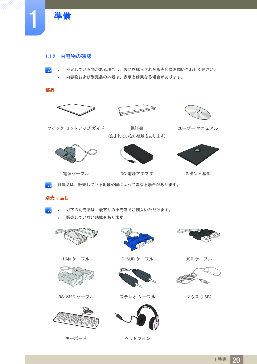 Samsung LF22TOWHBDM/XJ manual 2 内容物の確認, 別売り品目 