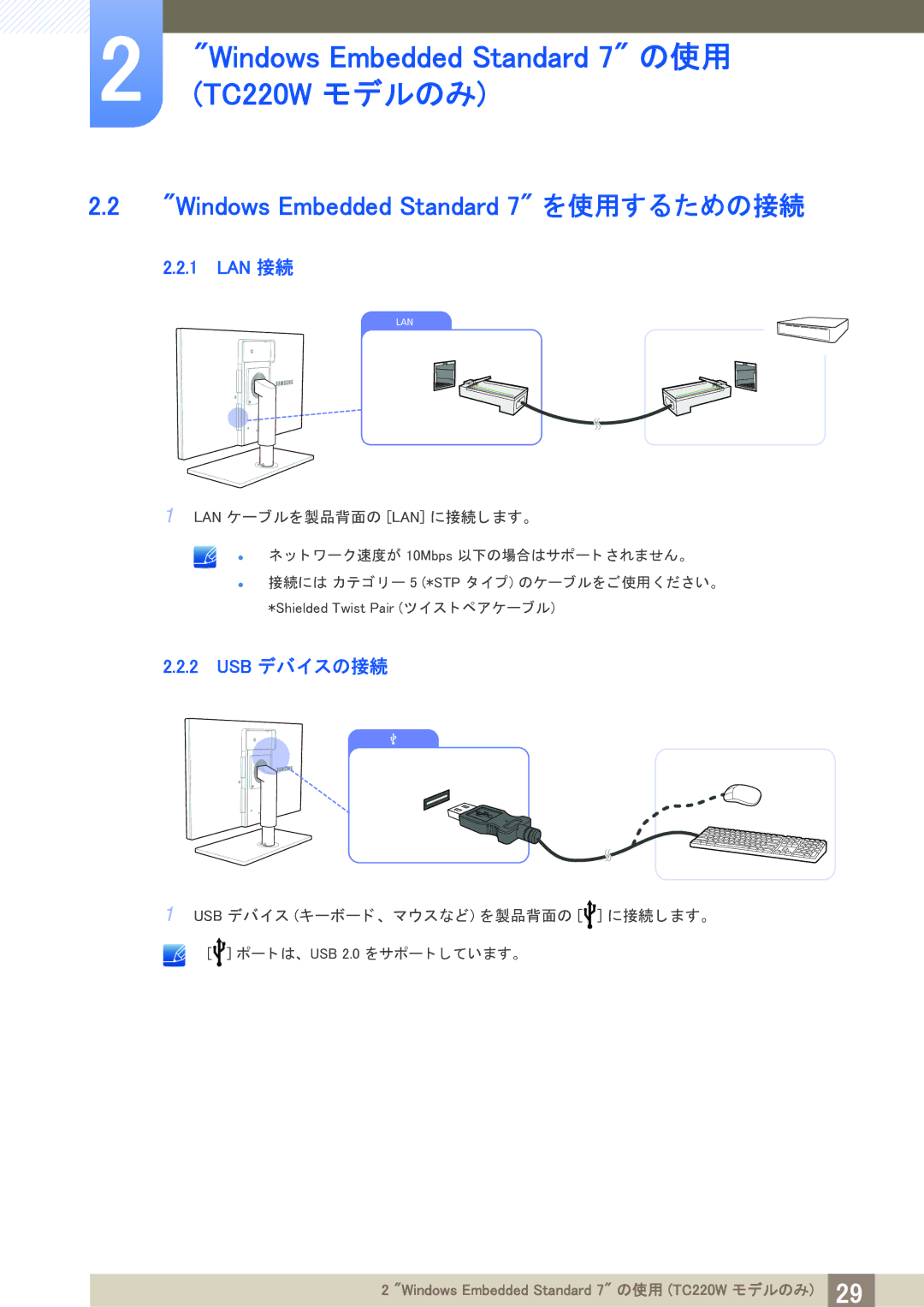 Samsung LF22TOWHBDM/XJ manual Windows Embedded Standard 7 を使用するための接続, Usb デバイスの接続 