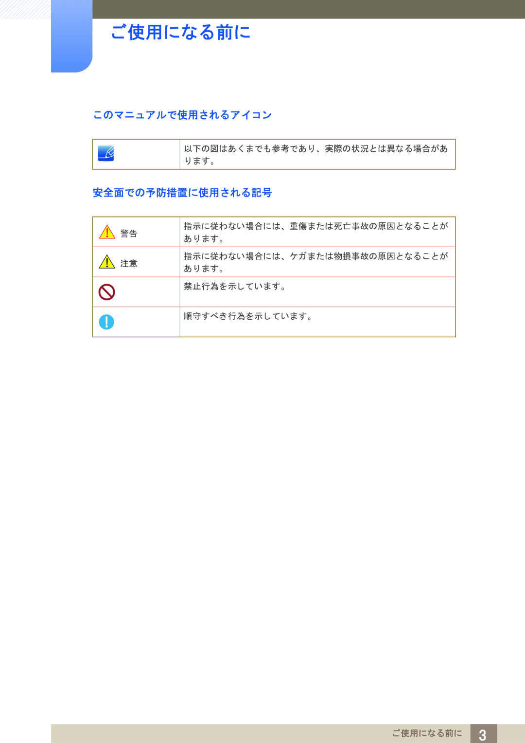 Samsung LF22TOWHBDM/XJ manual このマニュ アルで使用されるア イ コ ン, 安全面での予防措置に使用される記号 