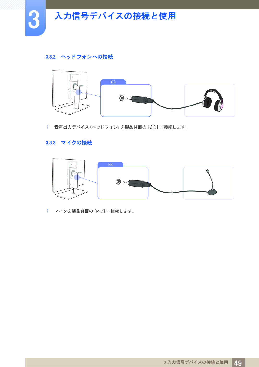 Samsung LF22TOWHBDM/XJ manual 2 ヘ ッ ド フ ォ ンへの接続, 3 マイ クの接続 