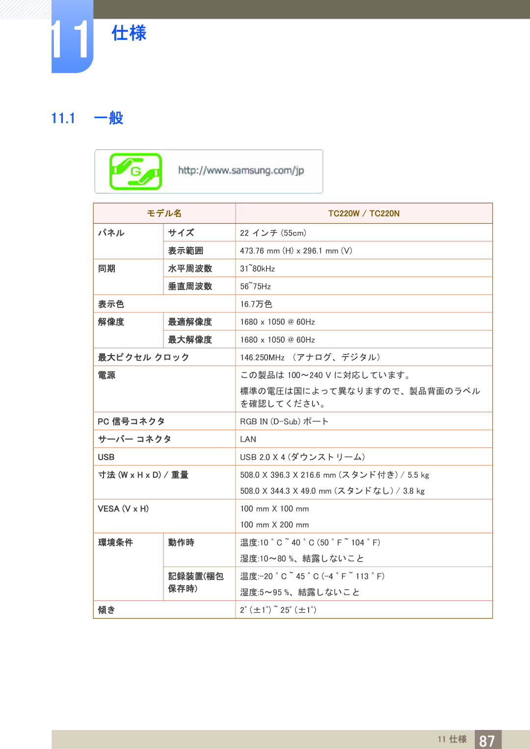 Samsung LF22TOWHBDM/XJ manual 11 仕様, 11.1 一般 