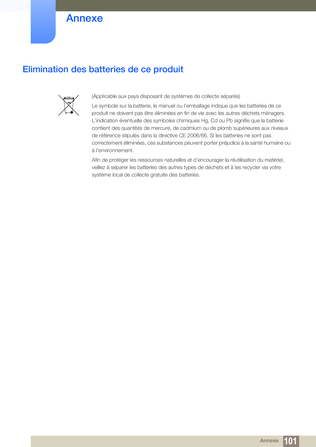 Samsung LF22TOWHBDN/EN manual Elimination des batteries de ce produit 