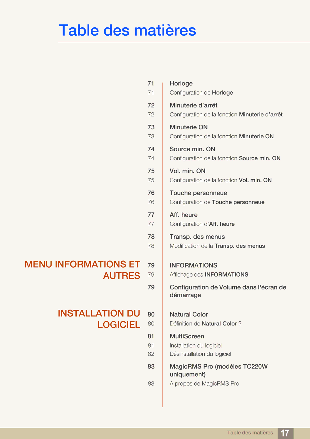 Samsung LF22TOWHBDN/EN manual Menu Informations ET Autres Installation DU Logiciel 