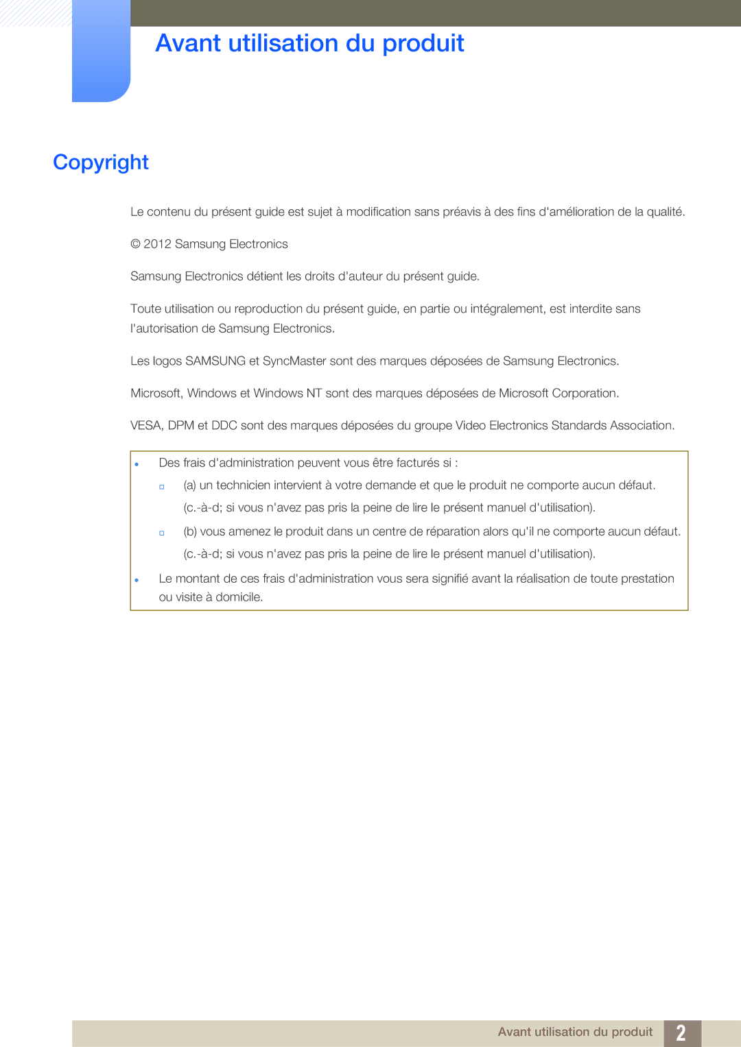 Samsung LF22TOWHBDN/EN manual Avant utilisation du produit, Copyright 