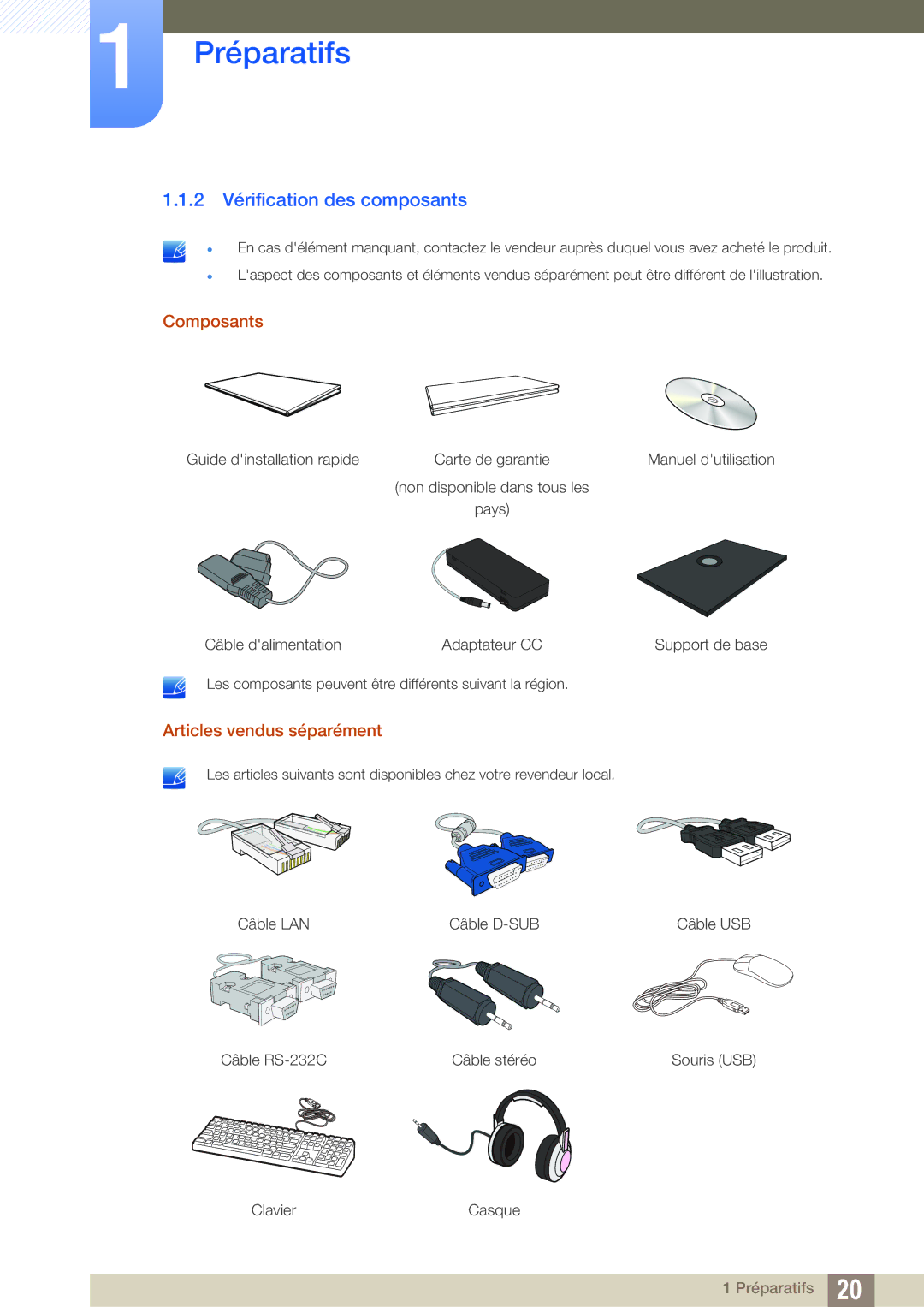 Samsung LF22TOWHBDN/EN manual 2 Vérification des composants, Composants, Articles vendus séparément 