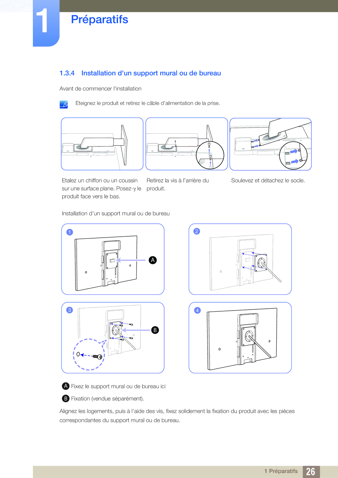 Samsung LF22TOWHBDN/EN manual Installation dun support mural ou de bureau 