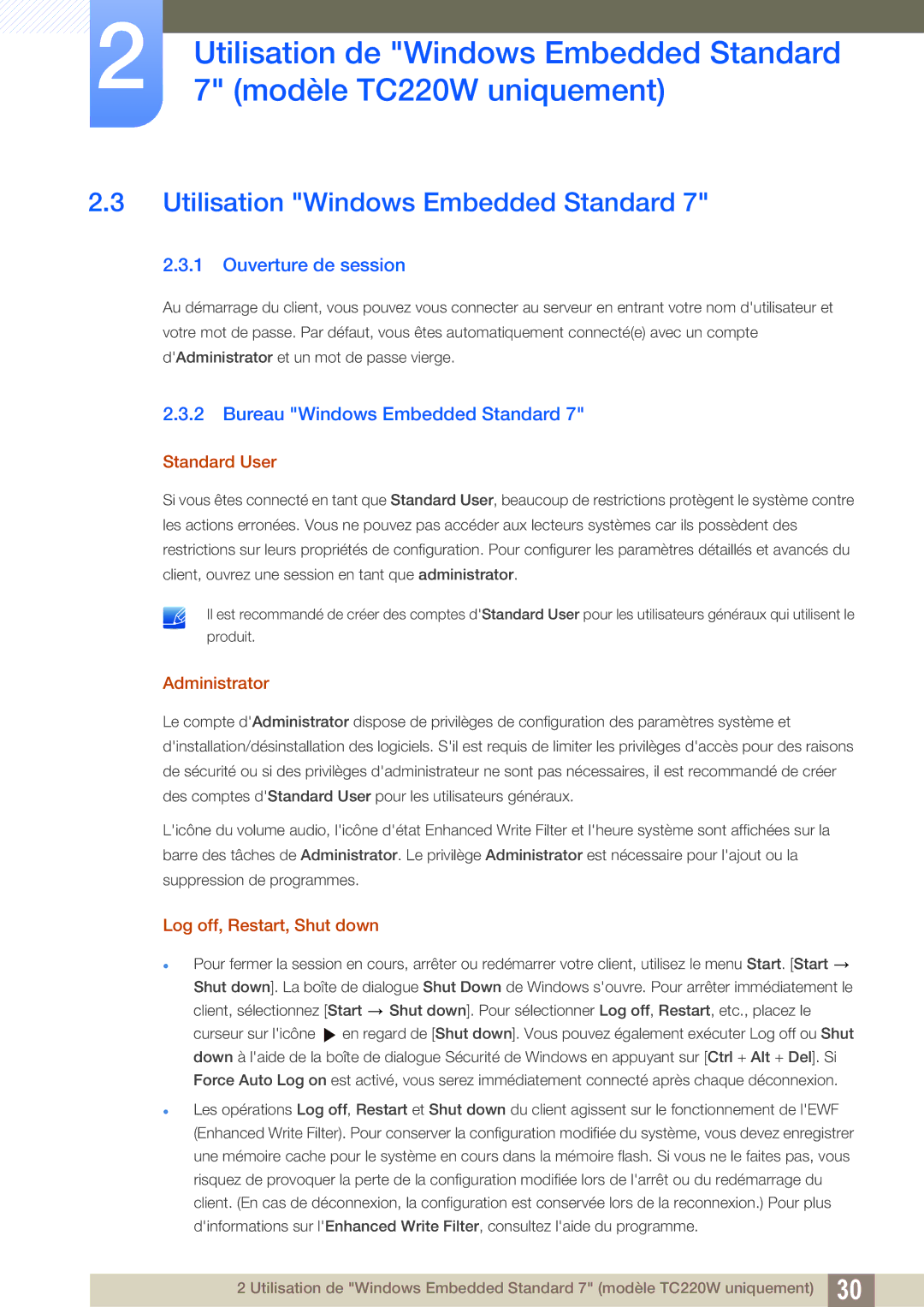 Samsung LF22TOWHBDN/EN manual Utilisation Windows Embedded Standard, Ouverture de session, Bureau Windows Embedded Standard 