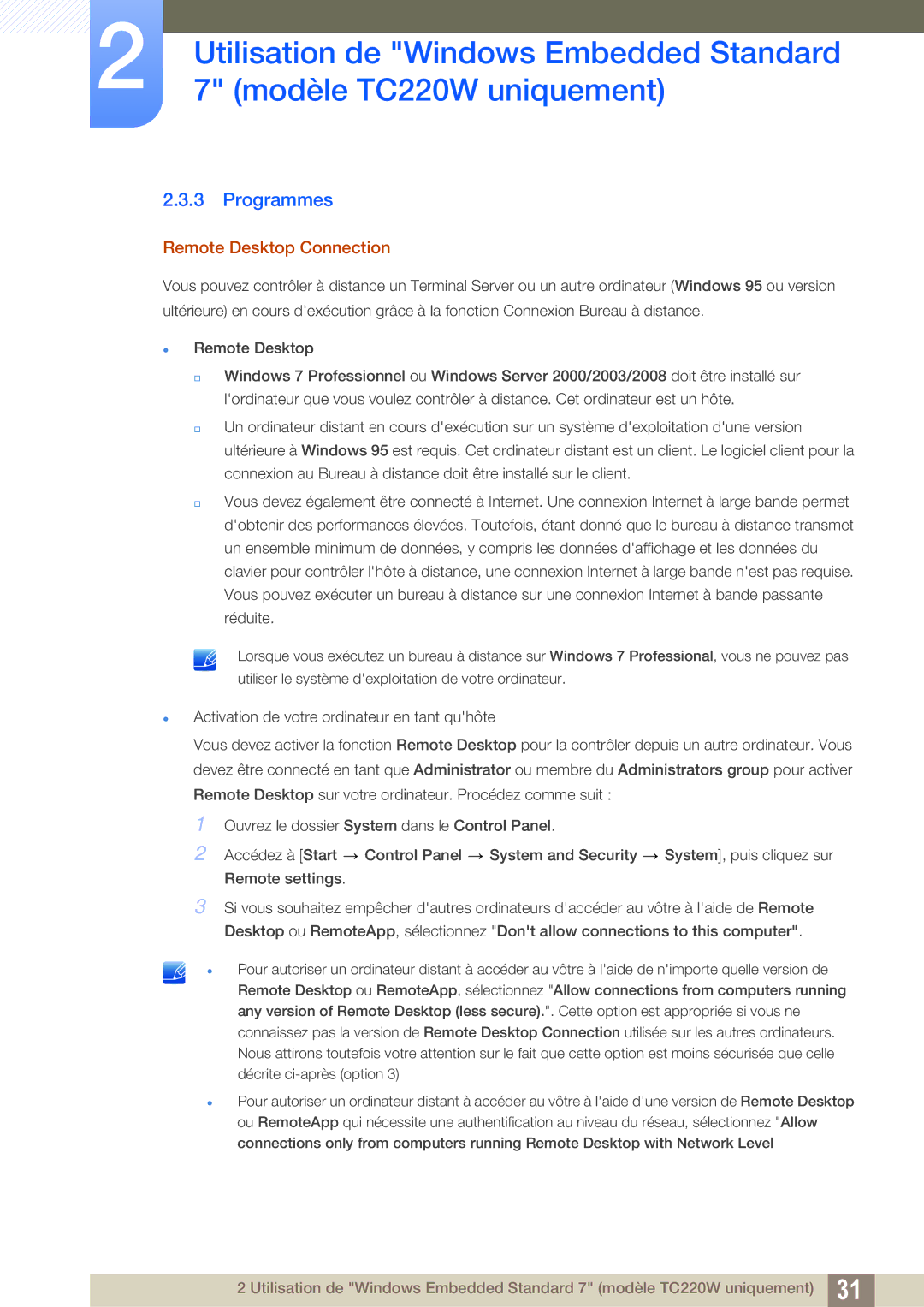 Samsung LF22TOWHBDN/EN manual Programmes, Remote Desktop Connection 