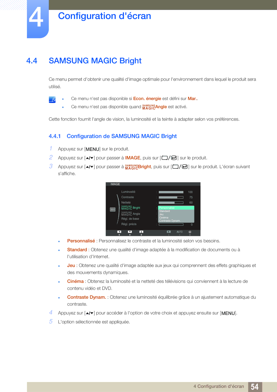 Samsung LF22TOWHBDN/EN manual Configuration de Samsung Magic Bright 