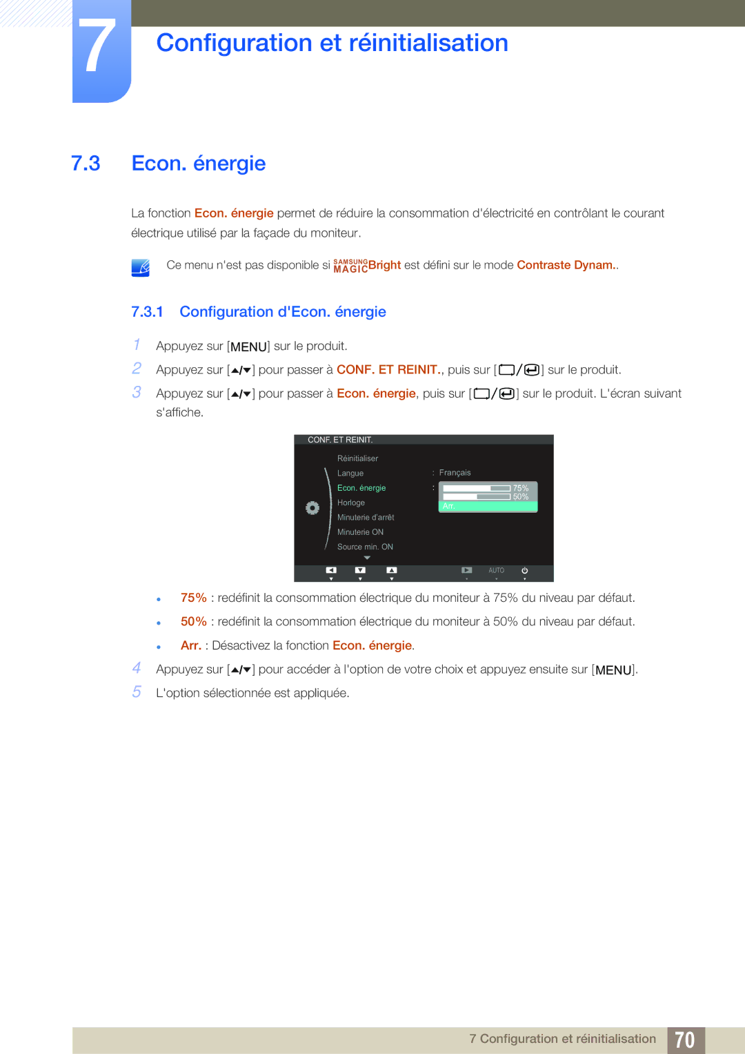 Samsung LF22TOWHBDN/EN manual Configuration dEcon. énergie 