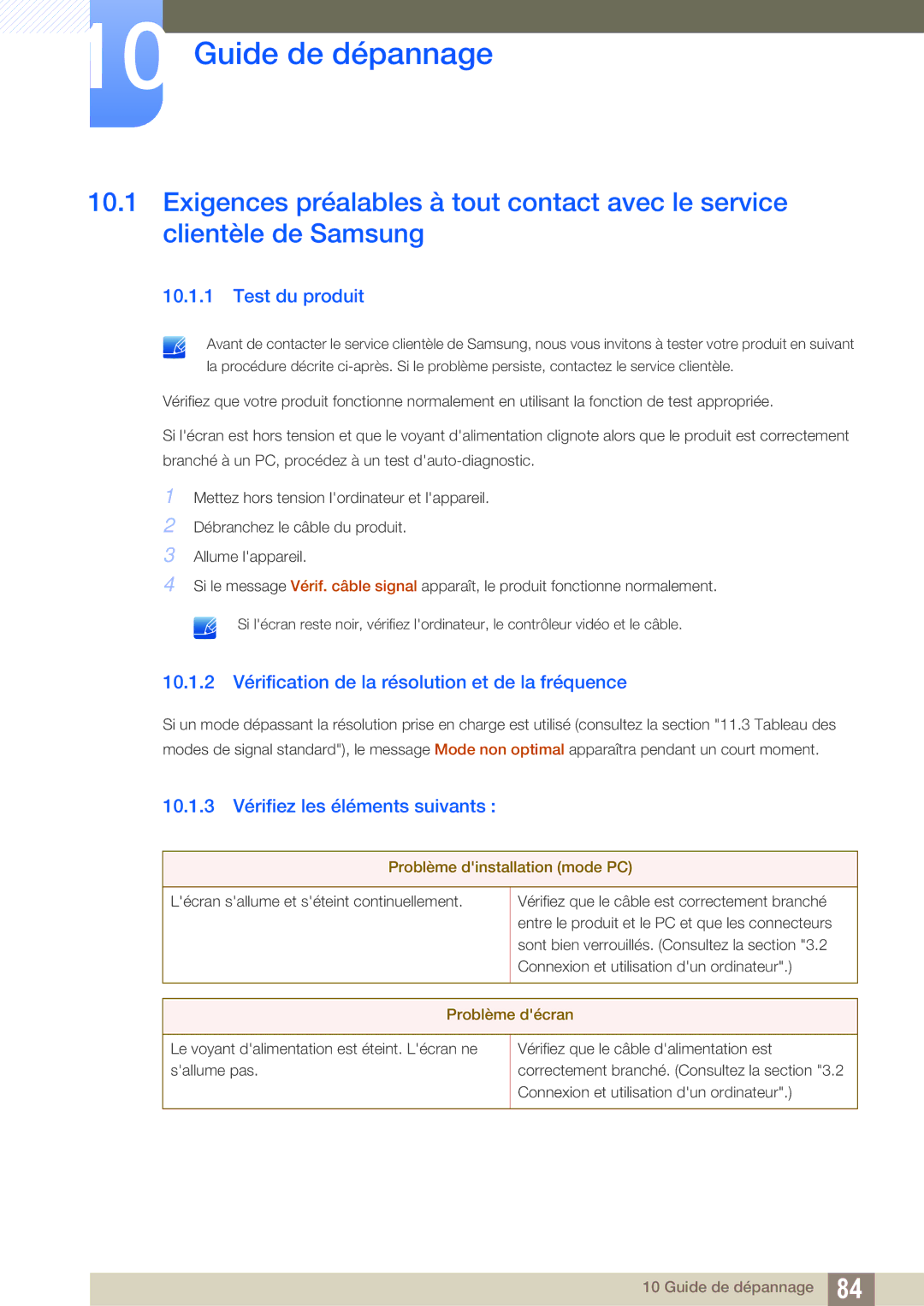 Samsung LF22TOWHBDN/EN manual Guide de dépannage, Test du produit, 10.1.2 Vérification de la résolution et de la fréquence 