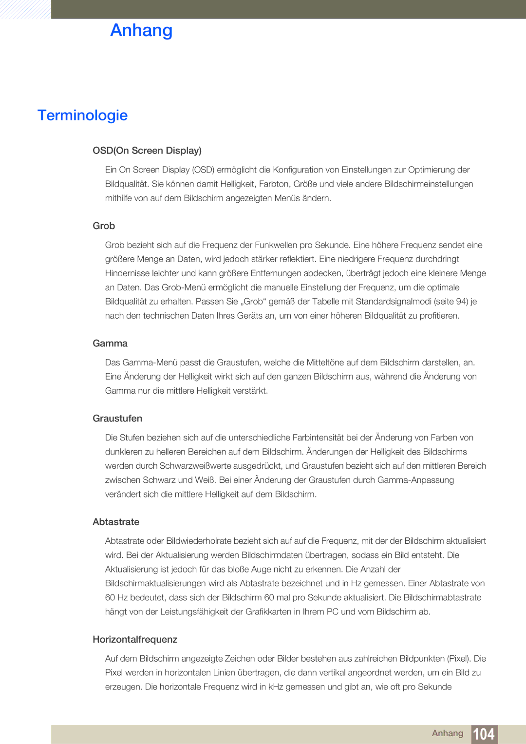 Samsung LF22TOWHBDN/EN manual Terminologie, OSDOn Screen Display 