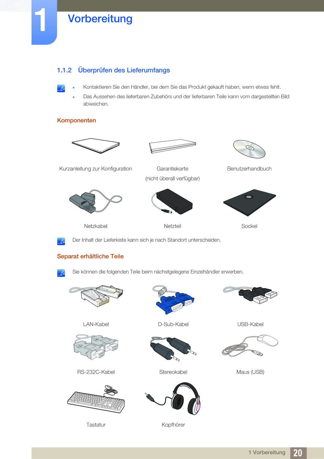 Samsung LF22TOWHBDN/EN manual 2 Überprüfen des Lieferumfangs, Komponenten, Separat erhältliche Teile 