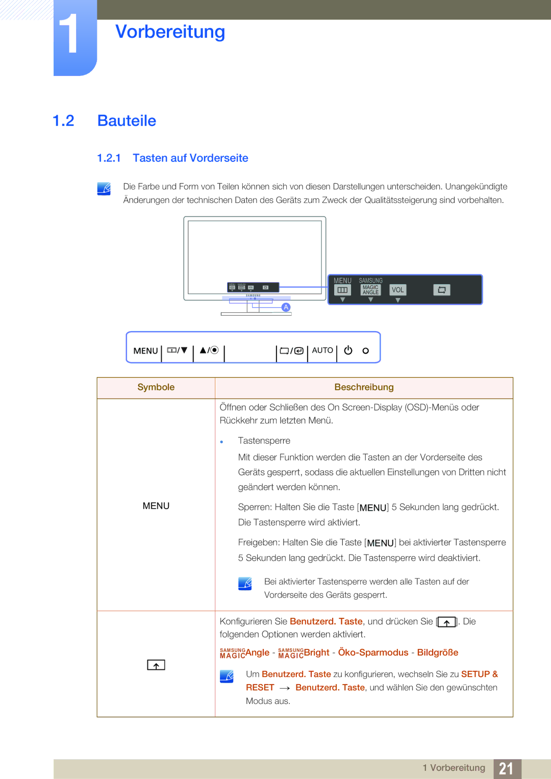 Samsung LF22TOWHBDN/EN manual Bauteile, Tasten auf Vorderseite 