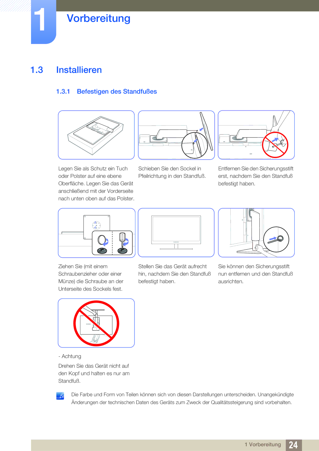 Samsung LF22TOWHBDN/EN manual Installieren, Befestigen des Standfußes 