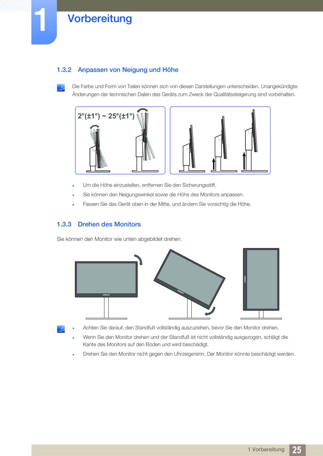 Samsung LF22TOWHBDN/EN manual Anpassen von Neigung und Höhe, Drehen des Monitors 