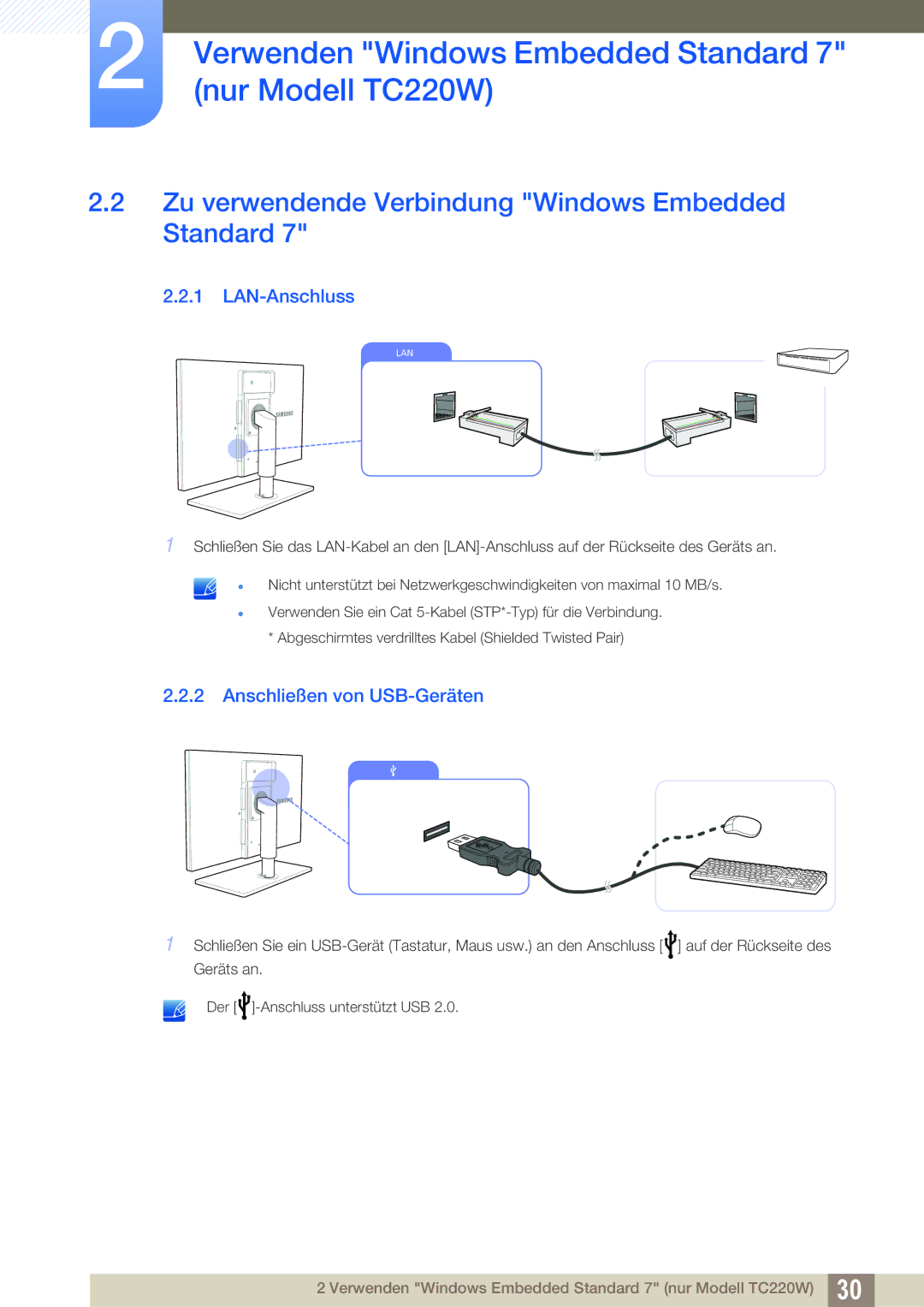 Samsung LF22TOWHBDN/EN Zu verwendende Verbindung Windows Embedded Standard, LAN-Anschluss, Anschließen von USB-Geräten 