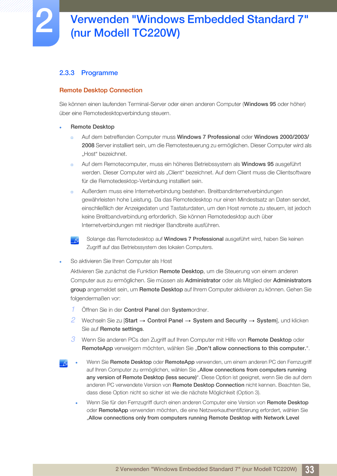 Samsung LF22TOWHBDN/EN manual Programme, Remote Desktop Connection 