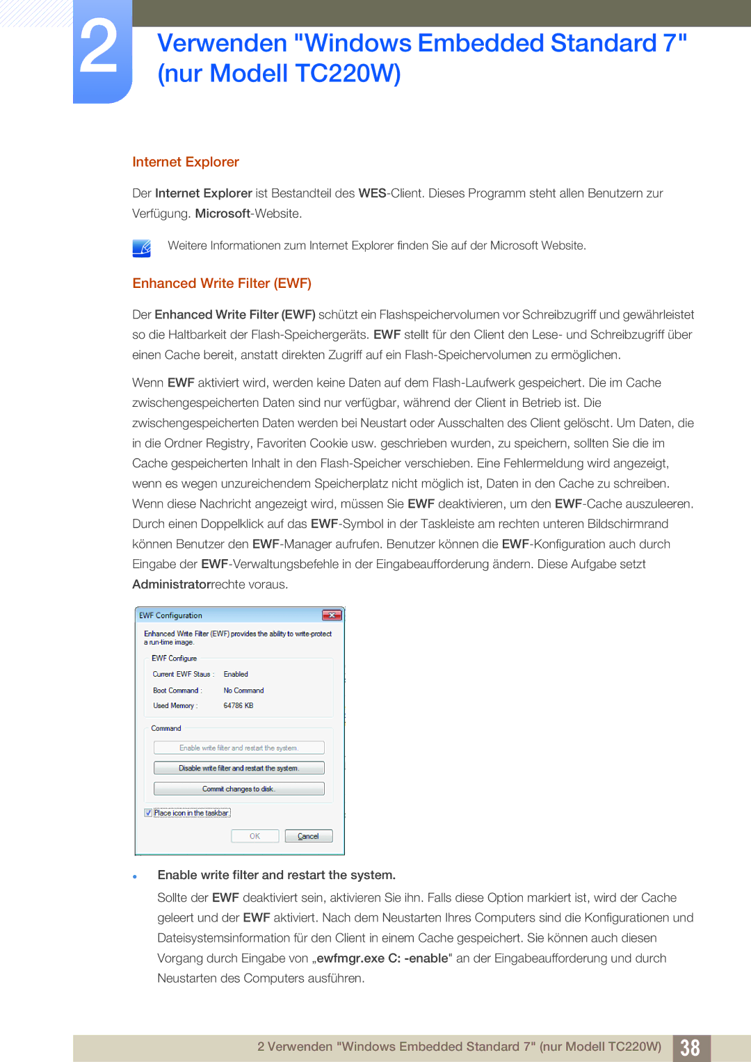 Samsung LF22TOWHBDN/EN manual Internet Explorer, Enhanced Write Filter EWF 