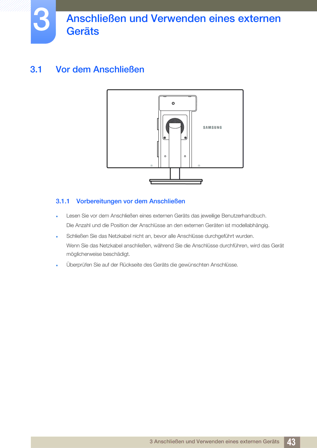 Samsung LF22TOWHBDN/EN manual AnschließenGeräts und Verwenden eines externen, Vor dem Anschließen 