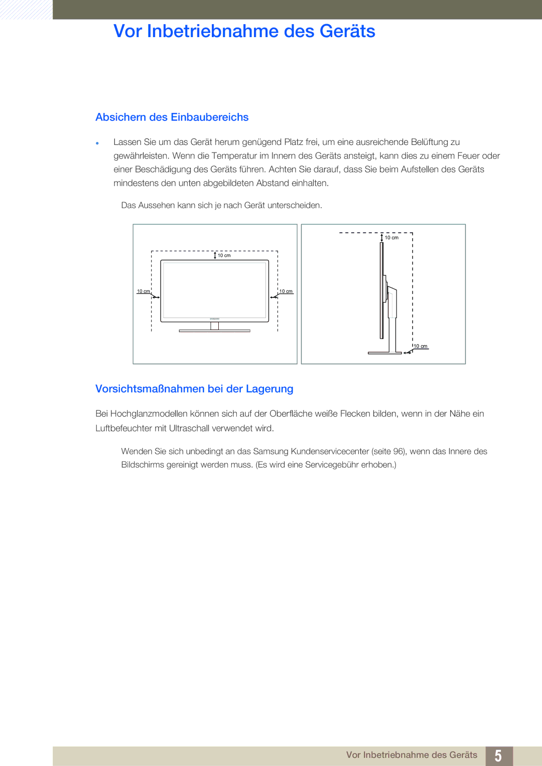 Samsung LF22TOWHBDN/EN manual Absichern des Einbaubereichs, Vorsichtsmaßnahmen bei der Lagerung 