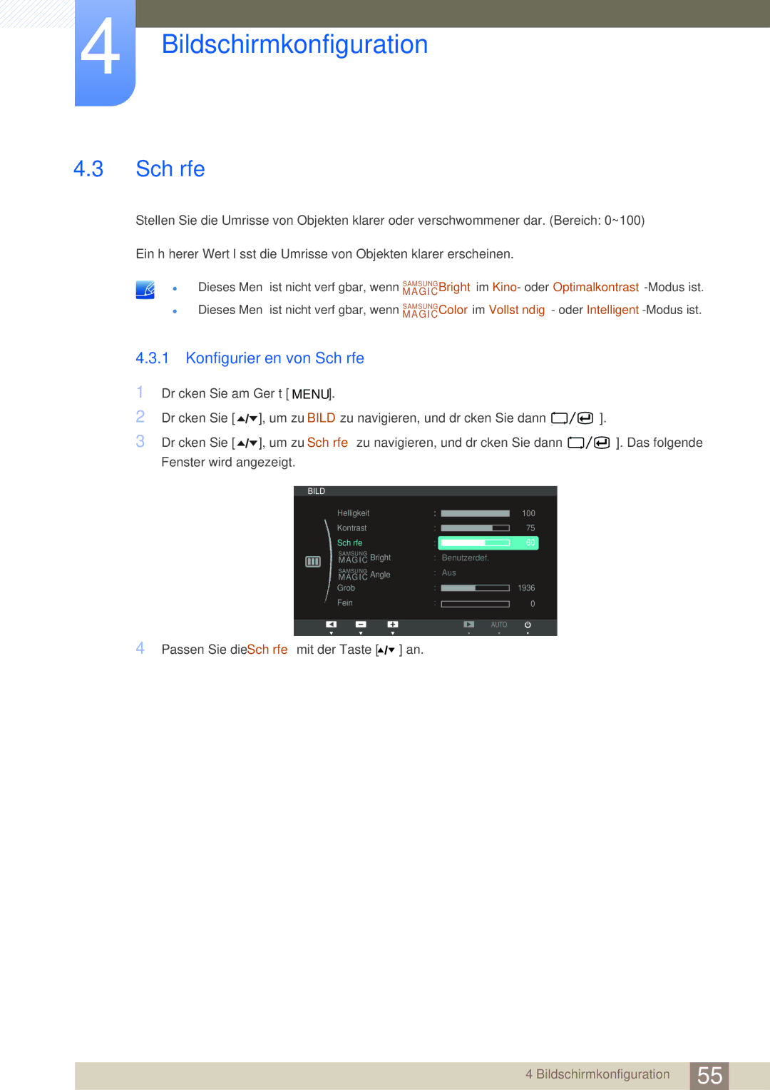 Samsung LF22TOWHBDN/EN manual Konfigurieren von Schärfe 