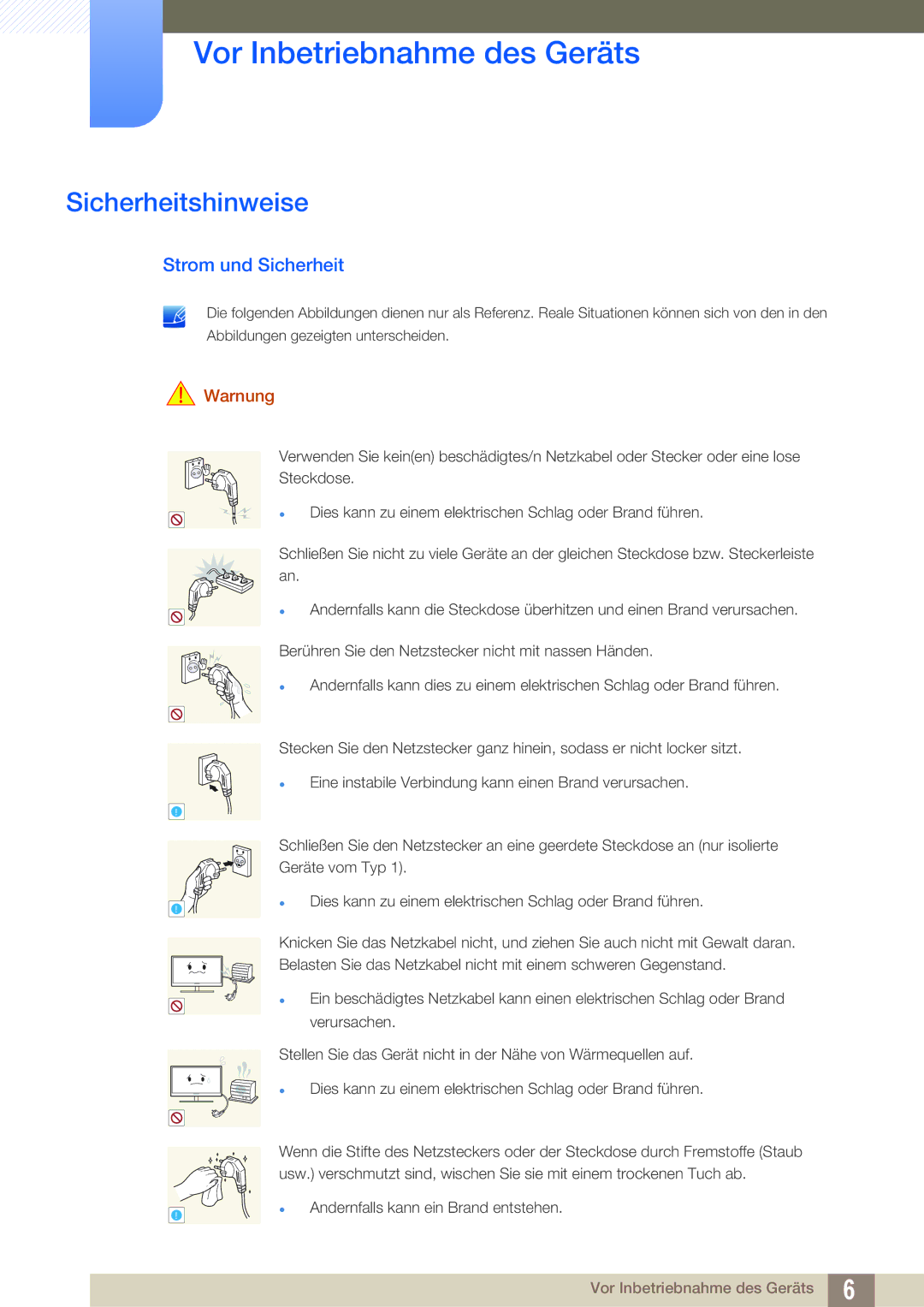 Samsung LF22TOWHBDN/EN manual Sicherheitshinweise, Strom und Sicherheit, Warnung 