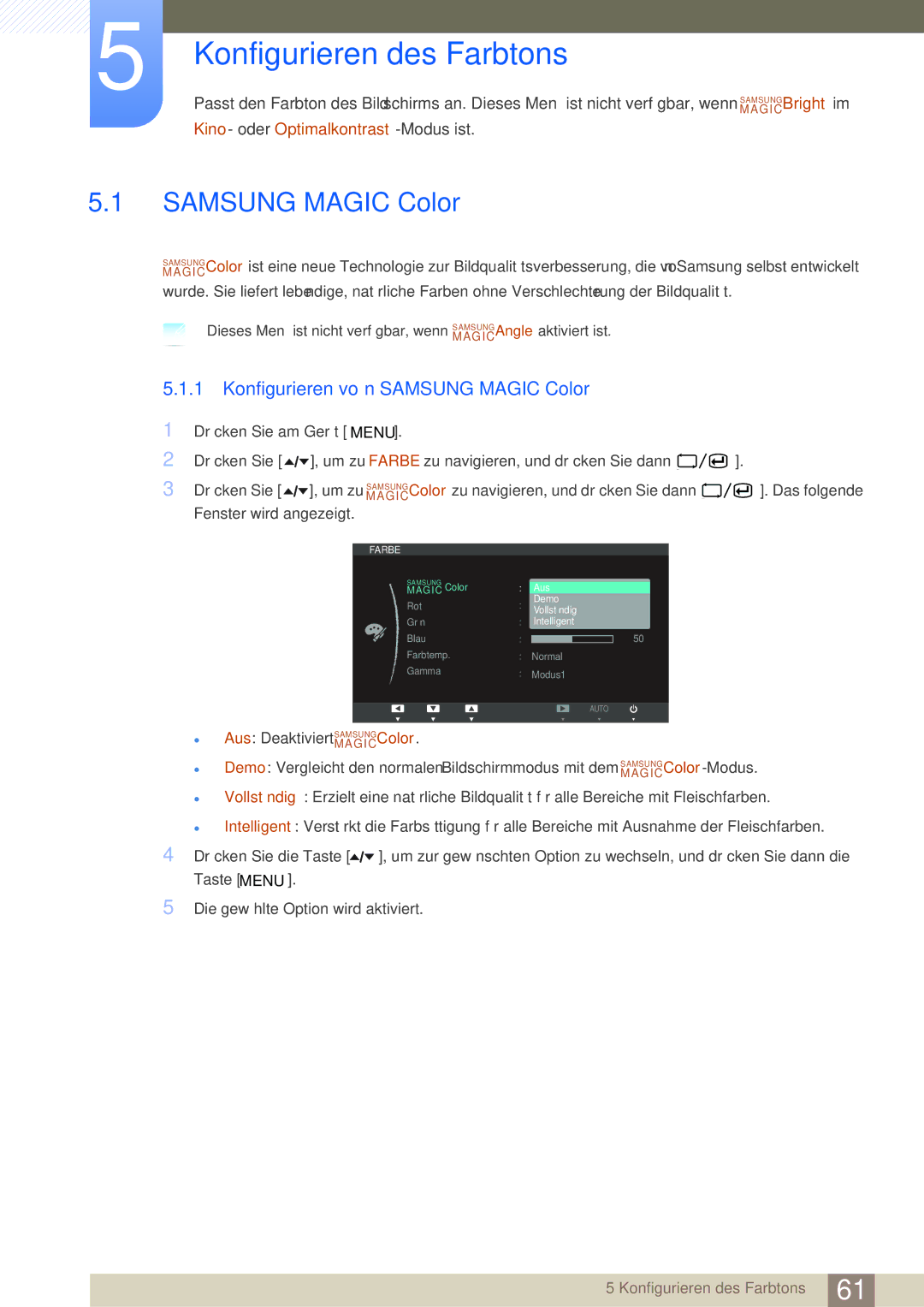 Samsung LF22TOWHBDN/EN manual Konfigurieren des Farbtons, Konfigurieren von Samsung Magic Color 