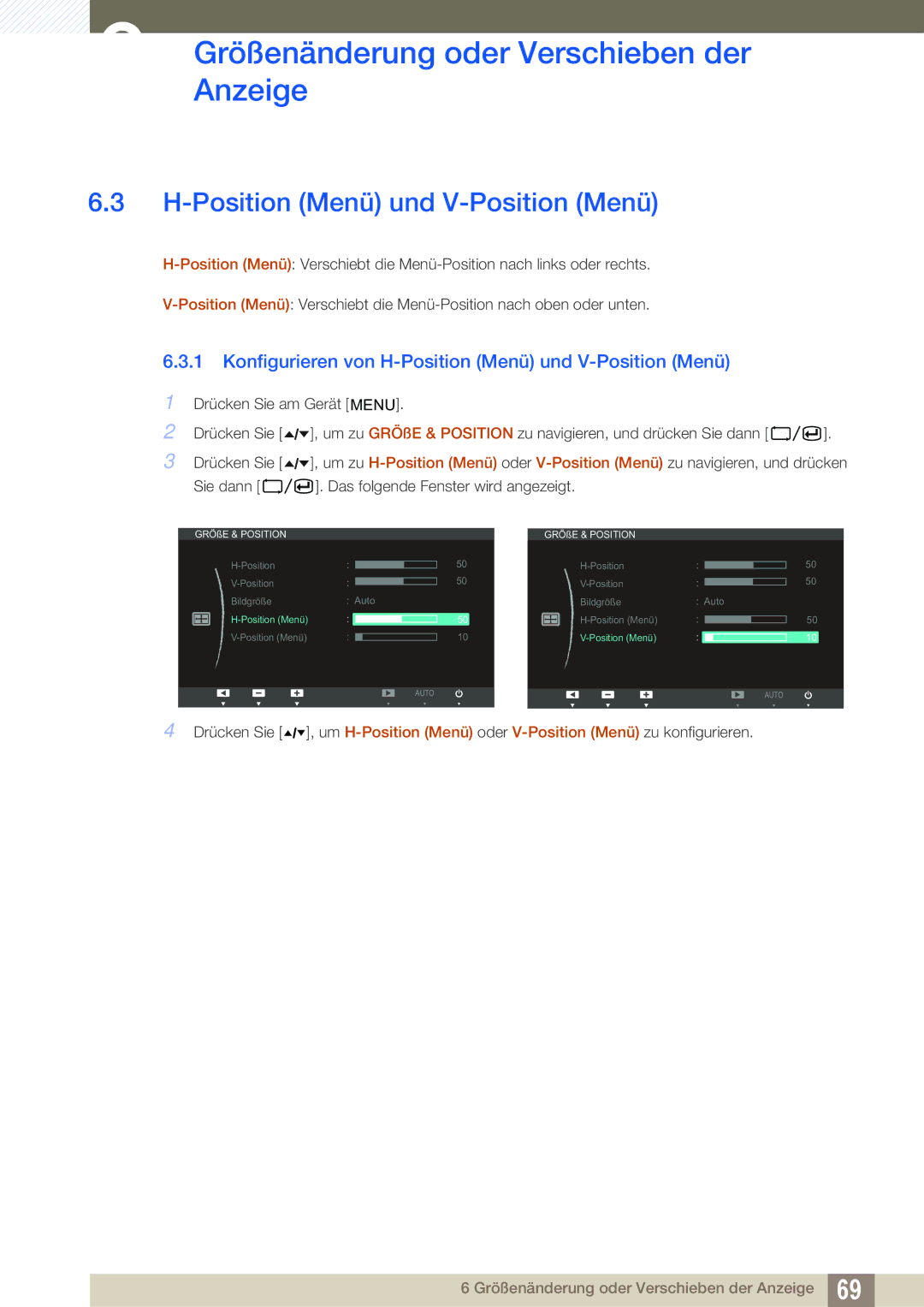 Samsung LF22TOWHBDN/EN manual Konfigurieren von H-Position Menü und V-Position Menü 