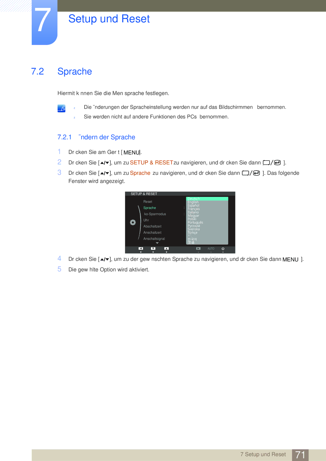 Samsung LF22TOWHBDN/EN manual 1 Ändern der Sprache 