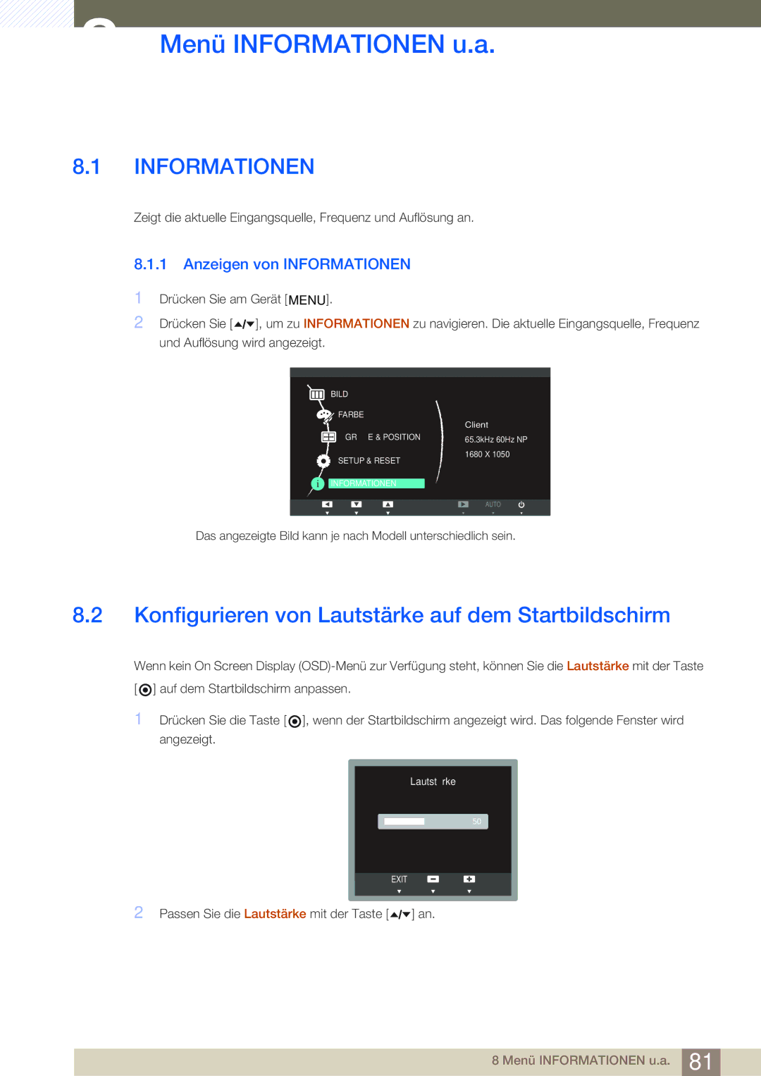 Samsung LF22TOWHBDN/EN manual Menü Informationen u.a, Konfigurieren von Lautstärke auf dem Startbildschirm 