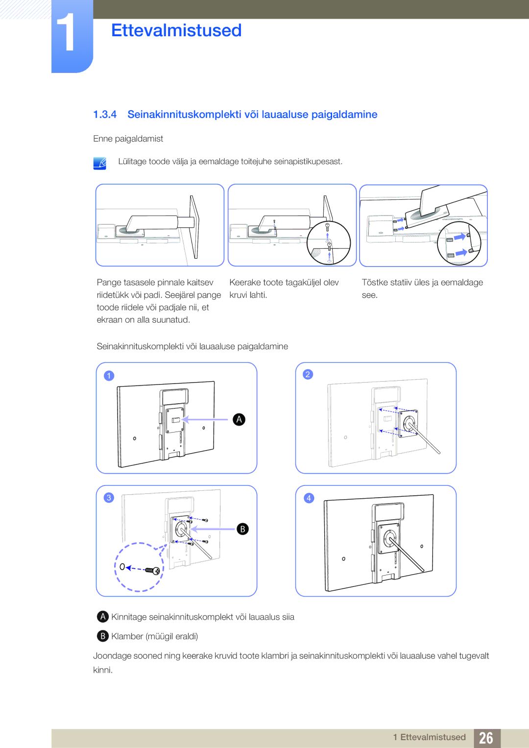 Samsung LF22TOWHBDN/EN manual Seinakinnituskomplekti või lauaaluse paigaldamine 