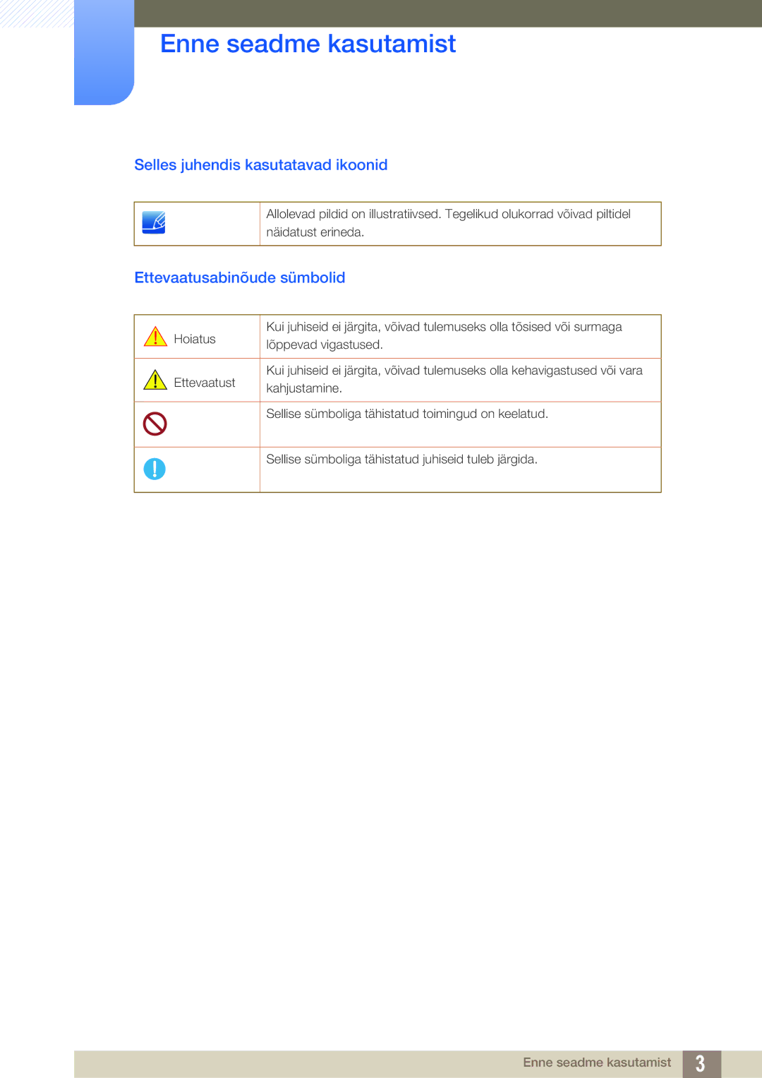 Samsung LF22TOWHBDN/EN manual Selles juhendis kasutatavad ikoonid, Ettevaatusabinõude sümbolid 