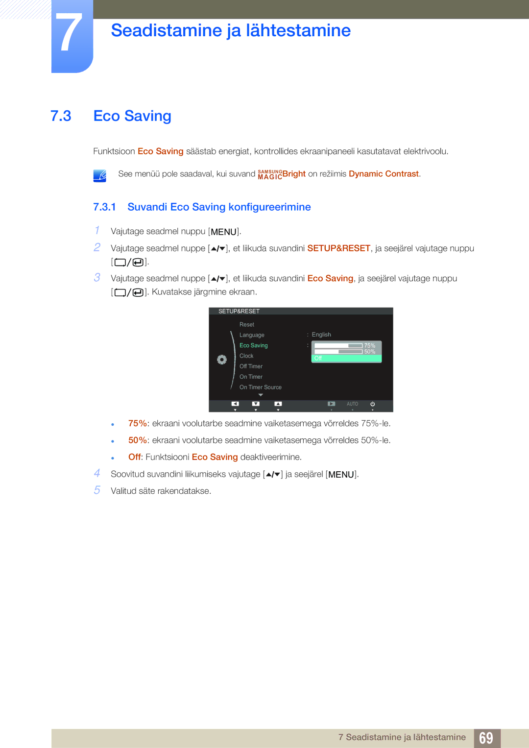 Samsung LF22TOWHBDN/EN manual Suvandi Eco Saving konfigureerimine 