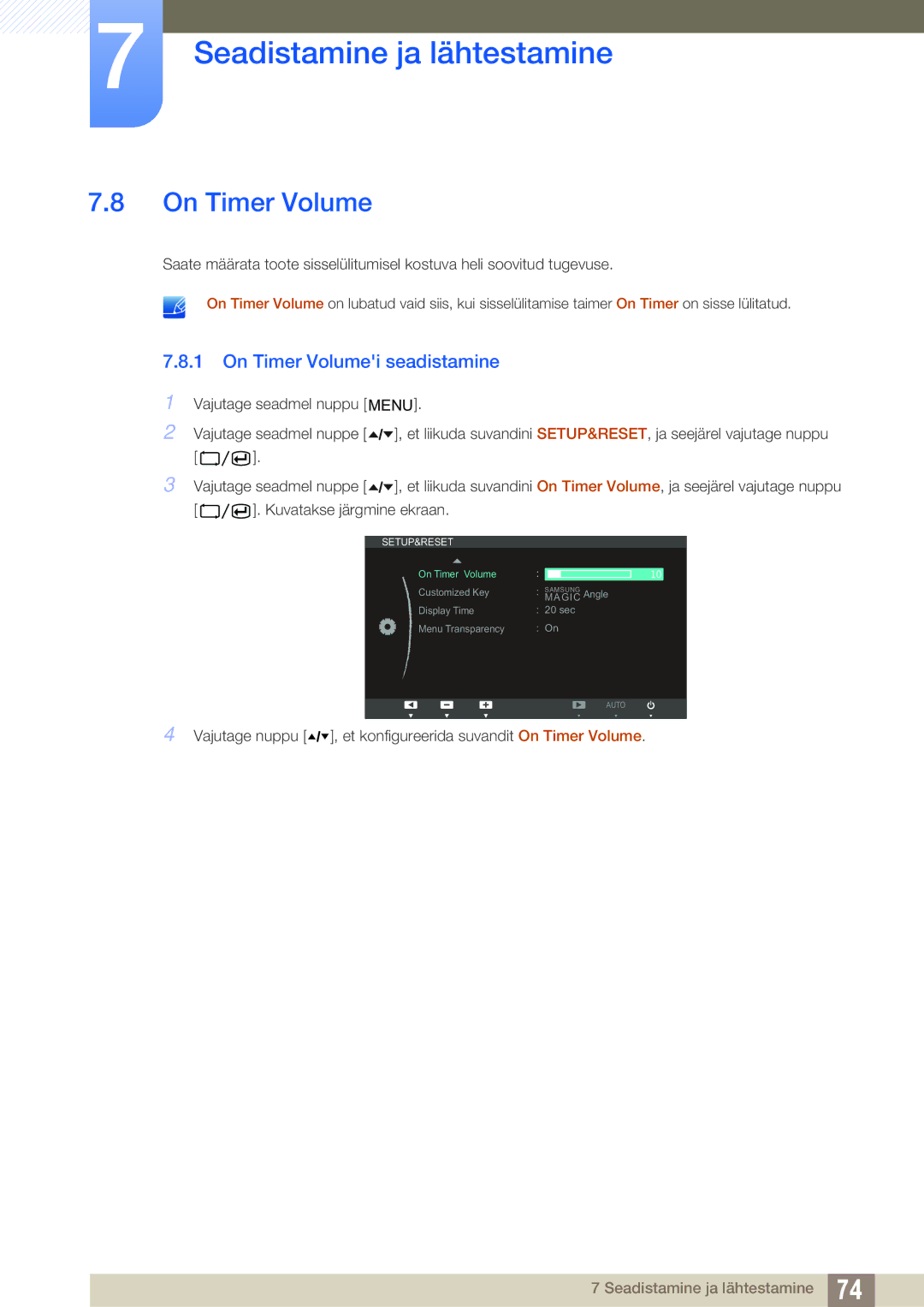 Samsung LF22TOWHBDN/EN manual On Timer Volumei seadistamine 