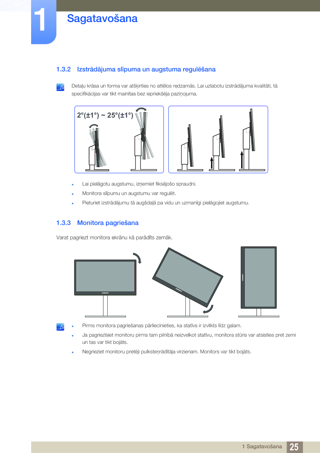 Samsung LF22TOWHBDN/EN manual Izstrādājuma slīpuma un augstuma regulēšana, Monitora pagriešana 