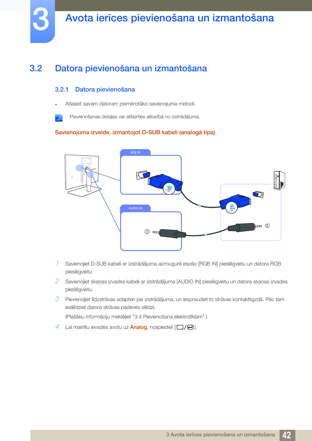 Samsung LF22TOWHBDN/EN manual Datora pievienošana un izmantošana, Savienojuma izveide, izmantojot D-SUB kabeli analogā tipa 