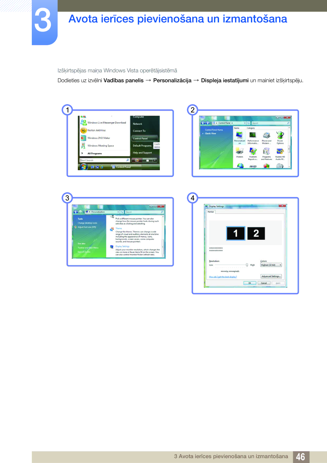 Samsung LF22TOWHBDN/EN manual Izšķirtspējas maiņa Windows Vista operētājsistēmā 