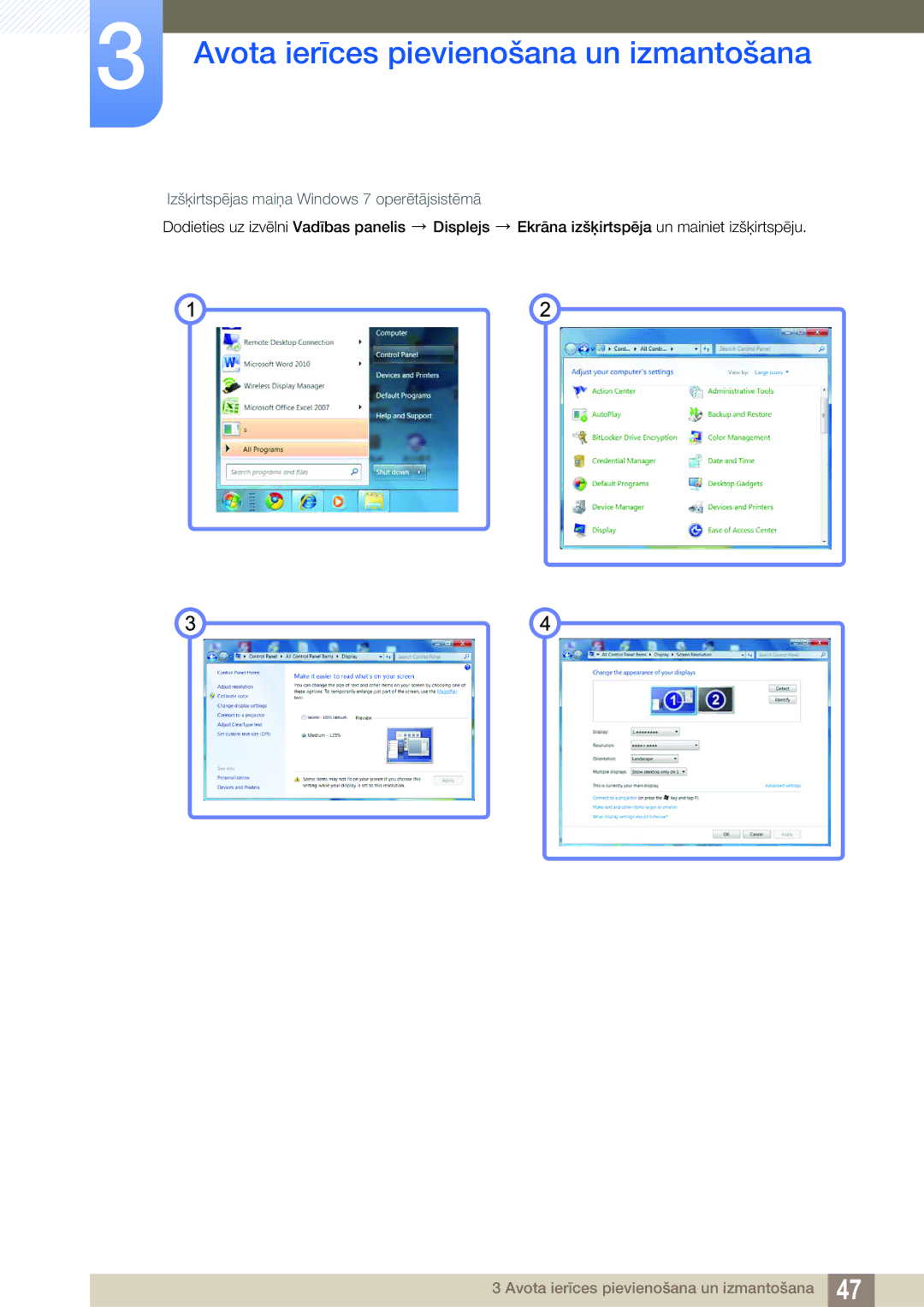 Samsung LF22TOWHBDN/EN manual Izšķirtspējas maiņa Windows 7 operētājsistēmā 