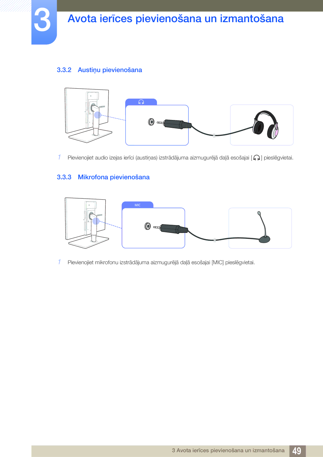 Samsung LF22TOWHBDN/EN manual Austiņu pievienošana, Mikrofona pievienošana 