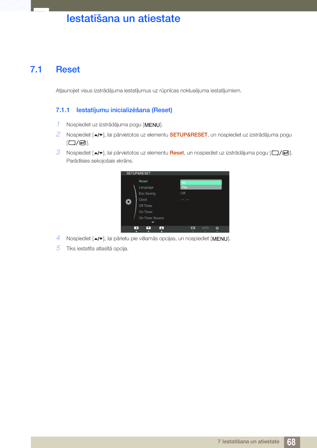 Samsung LF22TOWHBDN/EN manual Iestatīšana un atiestate, Iestatījumu inicializēšana Reset 