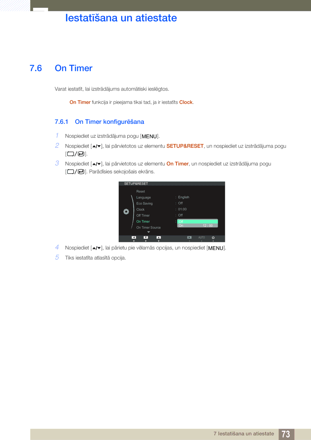 Samsung LF22TOWHBDN/EN manual On Timer konfigurēšana 