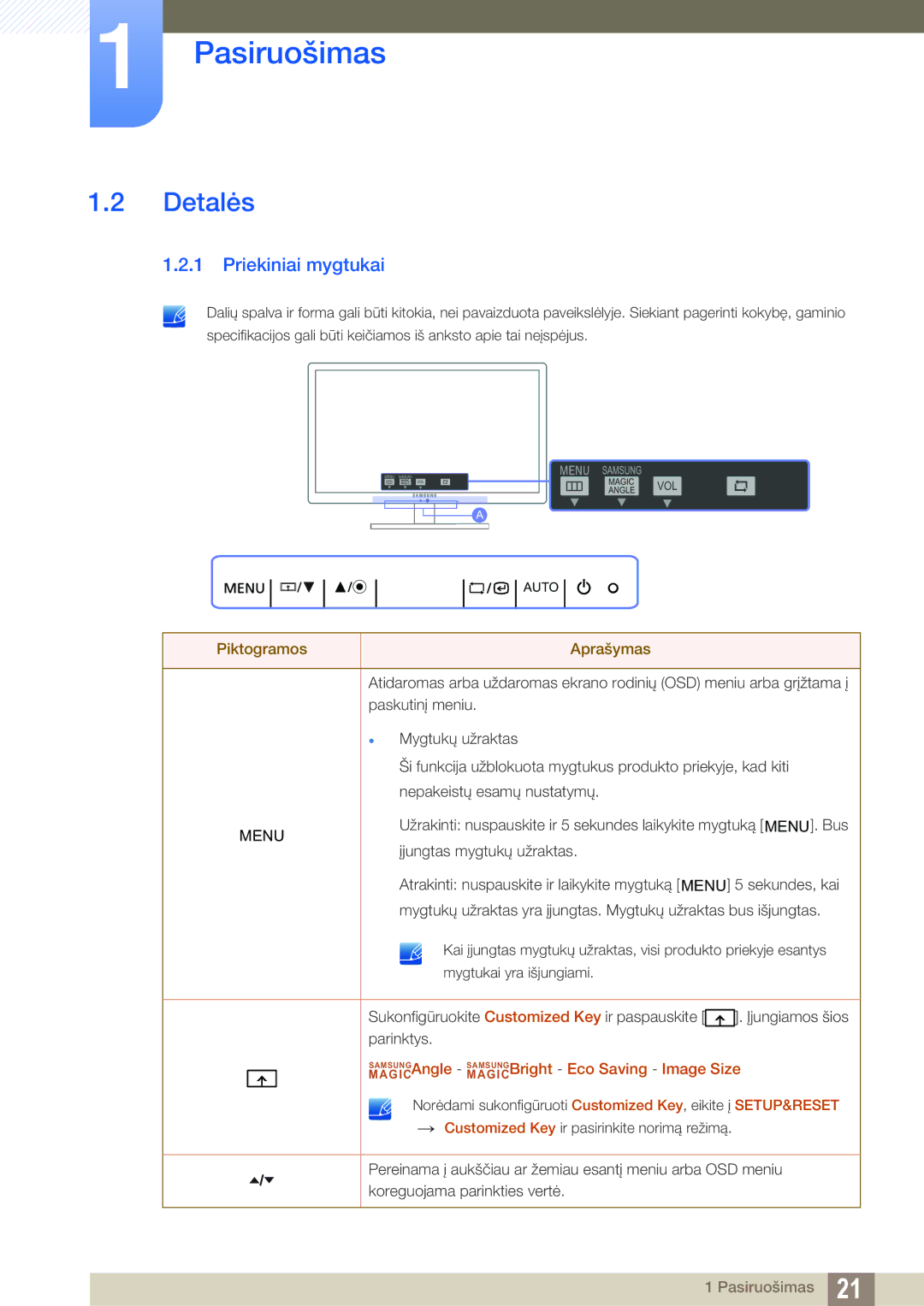 Samsung LF22TOWHBDN/EN manual Detalės, Priekiniai mygtukai 