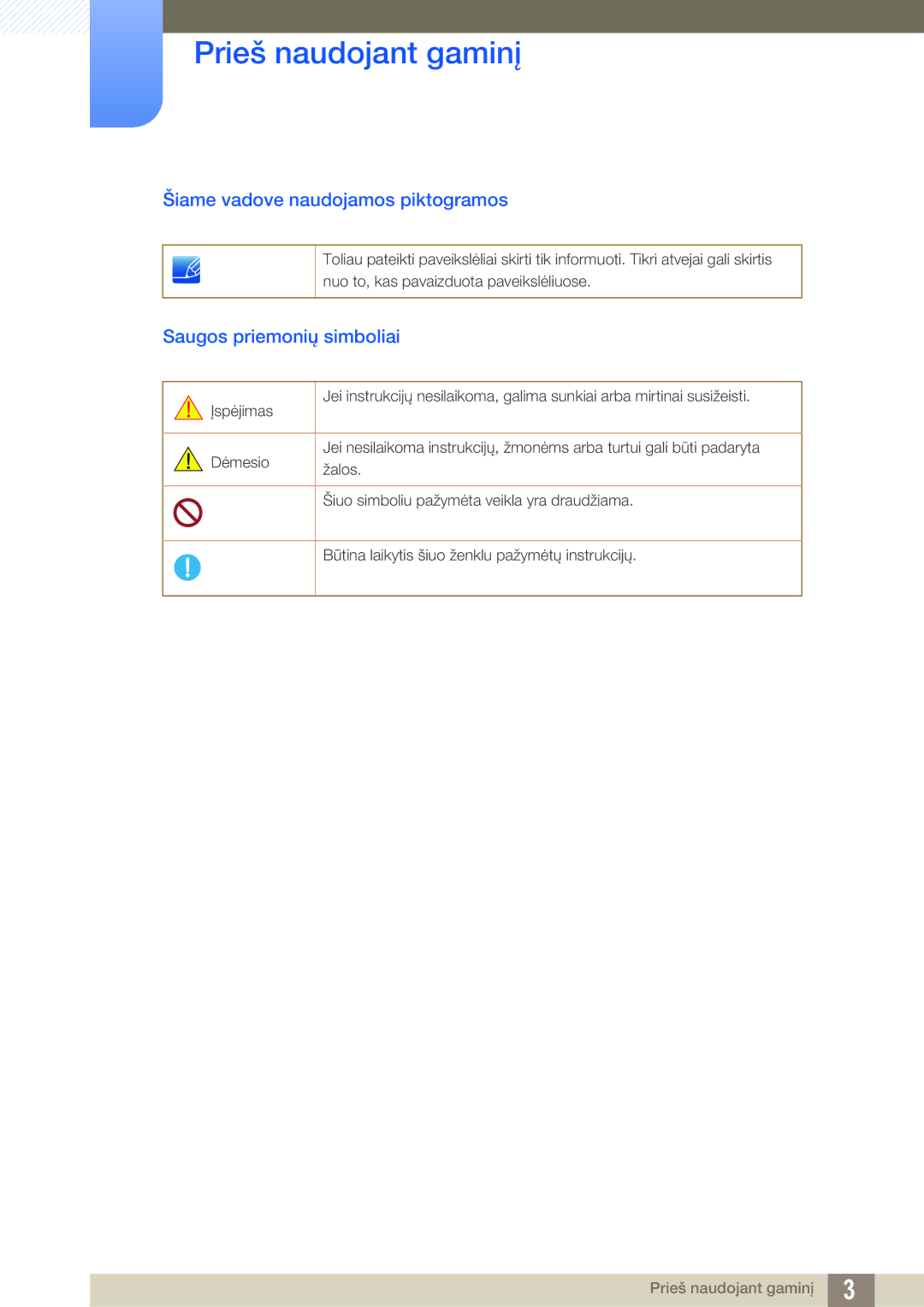 Samsung LF22TOWHBDN/EN manual Šiame vadove naudojamos piktogramos, Saugos priemonių simboliai 