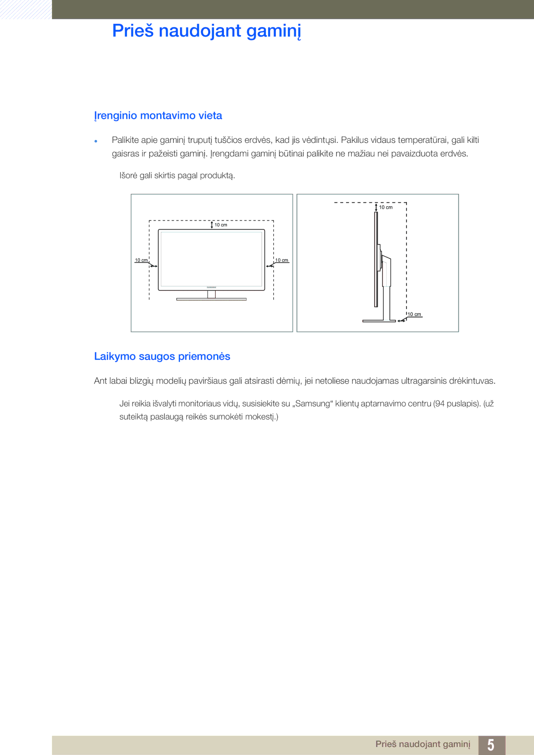 Samsung LF22TOWHBDN/EN manual Įrenginio montavimo vieta, Laikymo saugos priemonės 