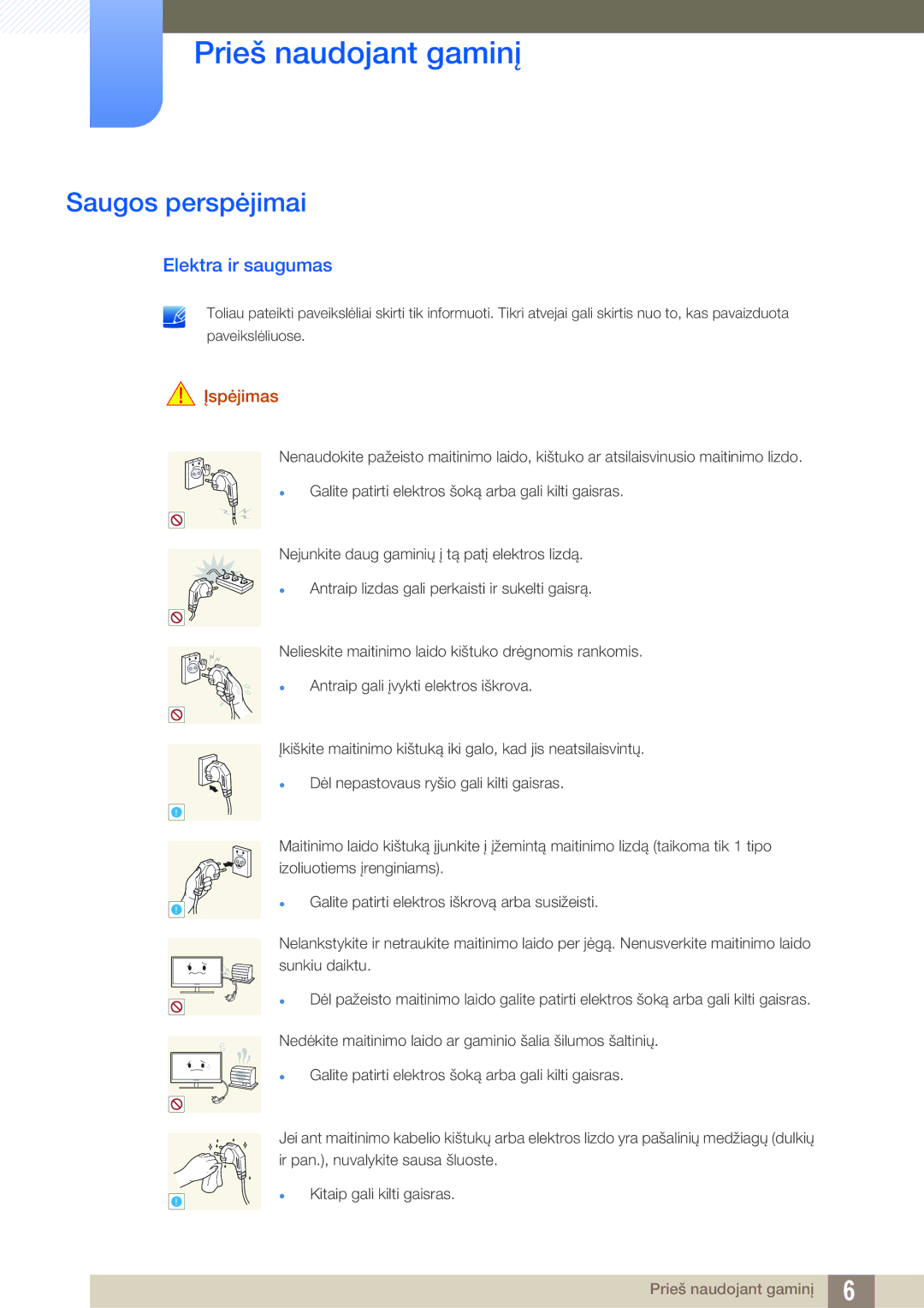 Samsung LF22TOWHBDN/EN manual Saugos perspėjimai, Elektra ir saugumas, Įspėjimas 